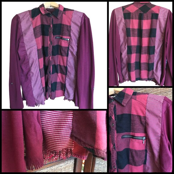 Upcycled Patchwork Flannel Shirt, Size M: Mixed Print Button-Down Magenta Blouse - Picture 11 of 11